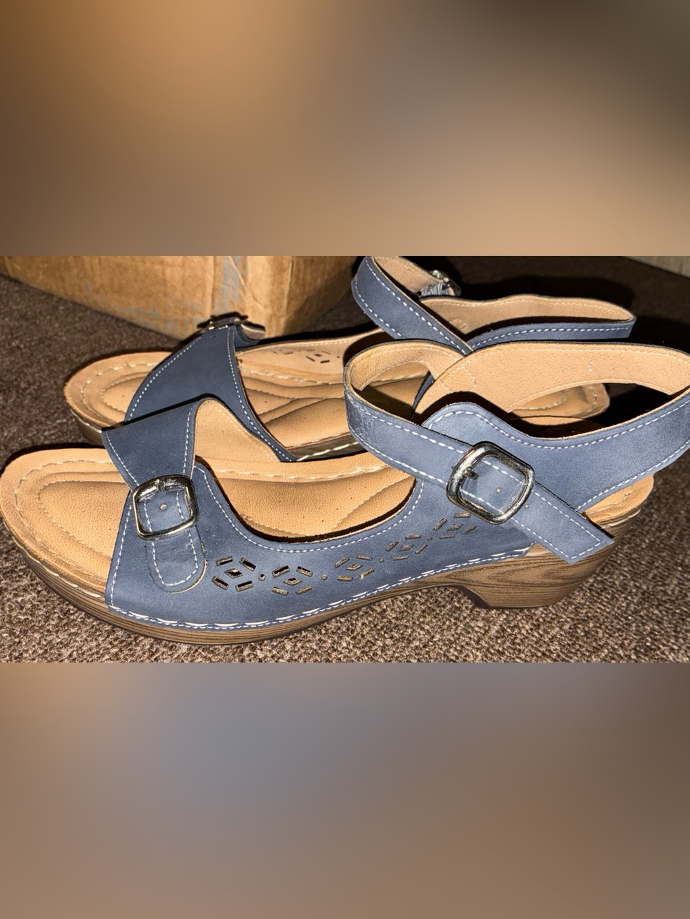 Patrizia Shantay Women’s 8 Navy Blue Wedge Sandals Cutout Excellent Condition